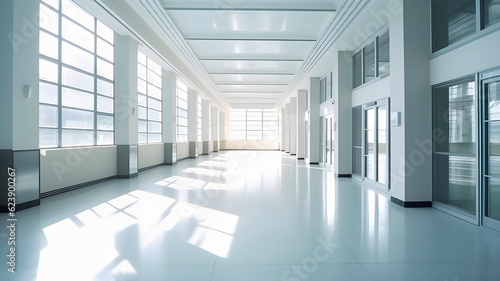 The empty hall of an office or medical institution with panoramic windows and a perspective  AI generated
