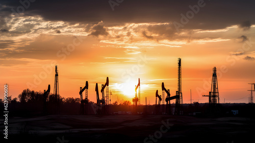 Silhouettes of oil derricks taking oil at dusk with the sun in the background. AI generated