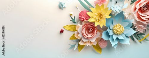 Multilayer Paper art Flowers on blue background. AI generated