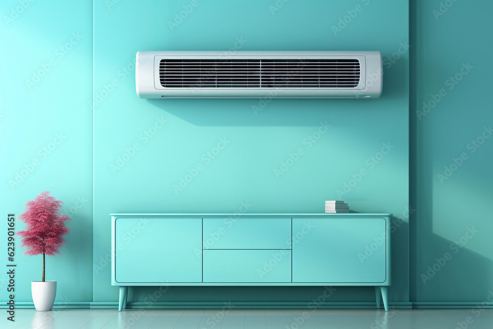 white air conditioner. Working AC hanging on the wall with a lot of copy space for text mockup. Background. generative ai white air conditioner. Working AC hanging on the wall with a lot of copy space for text mockup. Background. generative ai