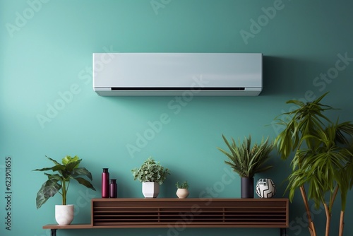 Close up shot of white air conditioner. AC hanging on the pastel color wall with a lot of copy space text mockup. Background. generative ai