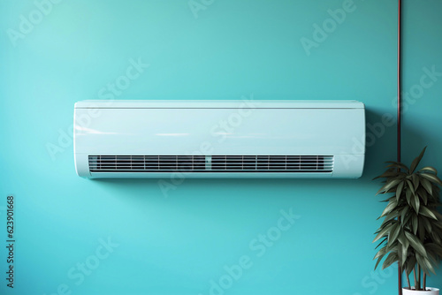 Close up shot of newly installed white air conditioner. Working AC pastel color wall with copy space for text mockup. generative ai