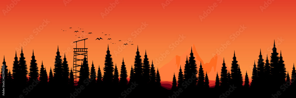 nature sunset sky forest silhouette with mountain sunset landscape view vector illustration good for wallpaper, backdrop, background, web banner, and design template