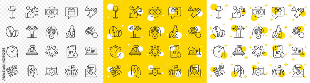 Outline Use gloves, Diesel canister and Charging app line icons pack for web with Cogwheel settings, Smile, Coffee beans line icon. Wish list, Arena, Timer pictogram icon. Stand lamp. Vector Outline Use gloves, Diesel canister and Charging app line icons pack for web with Cogwheel settings, Smile, Coffee beans line icon. Wish list, Arena, Timer pictogram icon. Stand lamp. Vector