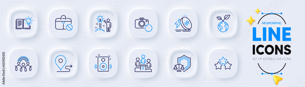 Justice scales, Jobless and Ranking stars line icons for web app. Pack of Energy price, Recovery photo, Journey pictogram icons. Save planet, Business podium, Inclusion signs. Vector Justice scales, Jobless and Ranking stars line icons for web app. Pack of Energy price, Recovery photo, Journey pictogram icons. Save planet, Business podium, Inclusion signs. Vector