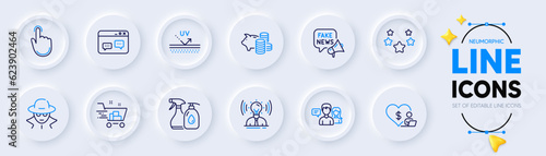 Uv protection, Stars and People talking line icons for web app. Pack of Fraud, Fake news, Brand pictogram icons. Volunteer, Cleaning liquids, Piggy bank signs. Hand click, Shopping cart. Vector