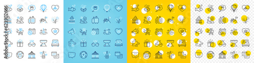 Vector icons set of Smile face, Puzzle and Gift dream line icons pack for web with Circus tent, Air balloon, Fireworks outline icon. Pillows, Baggage, Special offer pictogram. Lake, Pin. Vector