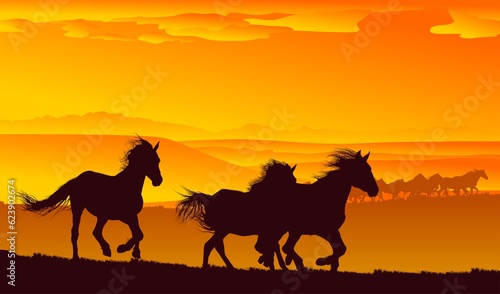 silueta de cabajllo, caballo, paisaje, atardecer, vectores, galope, montaña, lienzo, colinas, horizonte