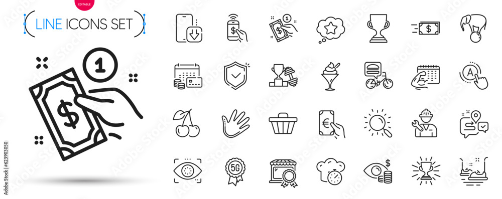 Pack of 5g technology, Elephant on ball and Shield line icons. Include Loyalty star, Best market, Award cup pictogram icons. Hand, Phone payment, Trophy signs. Dumbbell, Fitness calendar. Vector Pack of 5g technology, Elephant on ball and Shield line icons. Include Loyalty star, Best market, Award cup pictogram icons. Hand, Phone payment, Trophy signs. Dumbbell, Fitness calendar. Vector