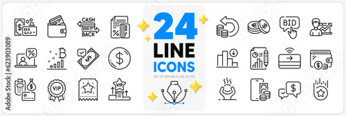 Icons set of Vip award, Savings and Difficult stress line icons pack for app with Loyalty star, Decreasing graph, Accepted payment thin outline icon. Vip podium, Bid offer, Phone pay pictogram. Vector
