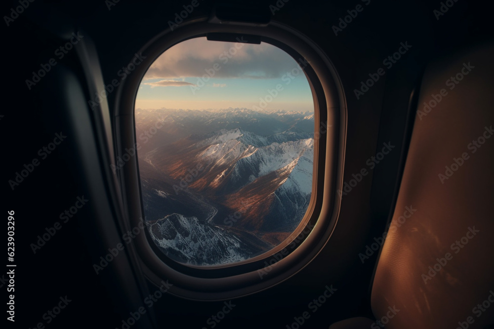 A view from the window of an airplane. Flying over the ground, view over an abyss, flying . Beautiful scenic view of sunset through aircraft window. Image save-path for window airplane. Generative AI. A view from the window of an airplane. Flying over the ground, view over an abyss, flying . Beautiful scenic view of sunset through aircraft window. Image save-path for window airplane. Generative AI.