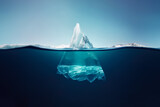 Iceberg floating on dark sea, large part visible underwater, smaller tip above surface. Generative AI