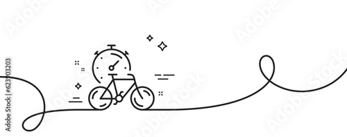 Bike timer line icon. Continuous one line with curl. Delivery bicycle transport sign. Outdoor transportation symbol. Bike timer single outline ribbon. Loop curve pattern. Vector