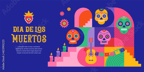 Dia de los muertos, Day of the dead, Mexican holiday, festival. Vector poster, banner and card in modern geometrical style, with skulls, church, guitar and flowers
