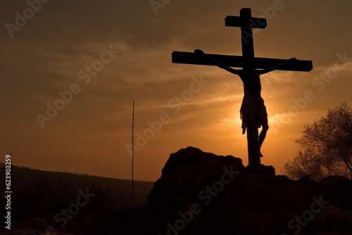 Jesus Christ crucified on cross, on Mount Golgotha. Died for the sins of mankind, son of God, Bible, faith. christmas catholic religion, christian , happy easter, praying good friday. Generative AI.