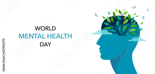 World Mental Health day, concept design with abstract human head profile, flowers and birds