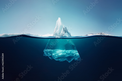 Iceberg floating on dark sea  large part visible underwater  smaller tip above surface. Generative AI