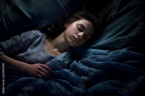 Girl sleeping in her bedroom at night.