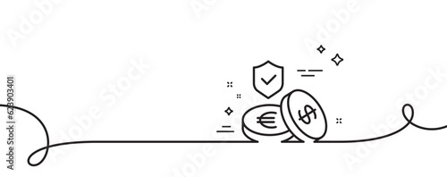 Savings insurance line icon. Continuous one line with curl. Risk coverage sign. Money protection symbol. Savings insurance single outline ribbon. Loop curve pattern. Vector