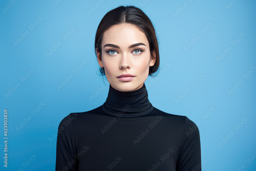 Fototapeta premium Attractive young woman in a black turtle neck top against a blue background.
