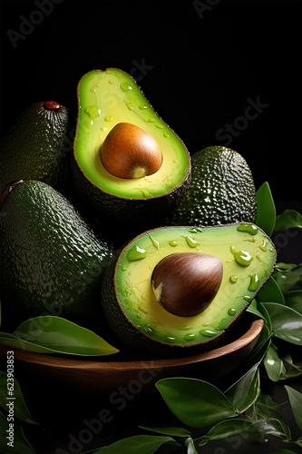 avocado cut in half on a wooden surface © maiecka