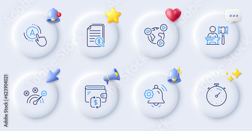 Timer, Financial documents and Video conference line icons. Buttons with 3d bell, chat speech, cursor. Pack of Wallet, Correct answer, Auction icon. Notification bell, Ab testing pictogram. Vector