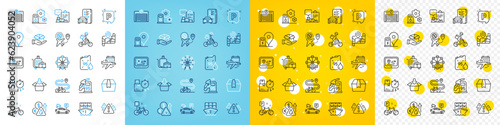 Vector icons set of Shipment, Select flight and Flight sale line icons pack for web with Petrol station, Bike path, Map outline icon. Inventory report, Bike, Baggage cart pictogram. Vector