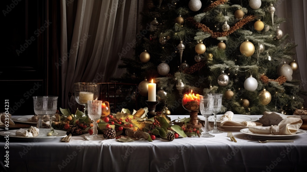 
Christmas decor and serving dishes on a dining table full of dishes with food and snacks, New Year's decor with a Christmas tree in the background. Generative AI