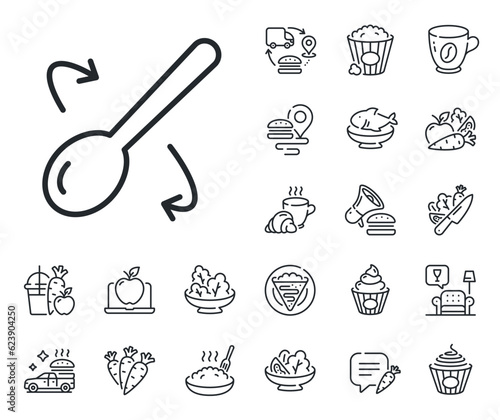 Cutlery sign. Crepe, sweet popcorn and salad outline icons. Cooking spoon line icon. Food mix symbol. Cooking spoon line sign. Pasta spaghetti, fresh juice icon. Supply chain. Vector