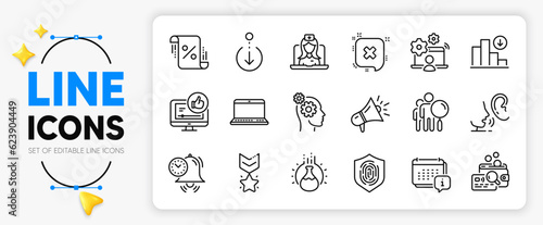 Scroll down, Chemistry experiment and Like video line icons set for app include Telemedicine, Fingerprint, Time management outline thin icon. Decreasing graph, Megaphone. Vector