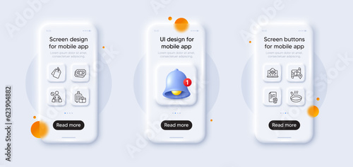 Fraud, Fingerprint and Loyalty points line icons pack. 3d phone mockups with bell alert. Glass smartphone screen. Stop shopping, Baggage, Sale tags web icon. Frying pan, Map pictogram. Vector