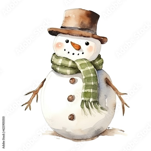 Cute watercolor snowman isolated. Illustration AI Generative.