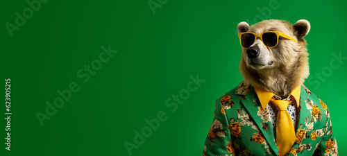 Cool looking bear wearing funky fashion dress - jacket, shirt, tie, dark shades sunglasses. Wide banner with copy space side. Stylish animal posing. Generative AI