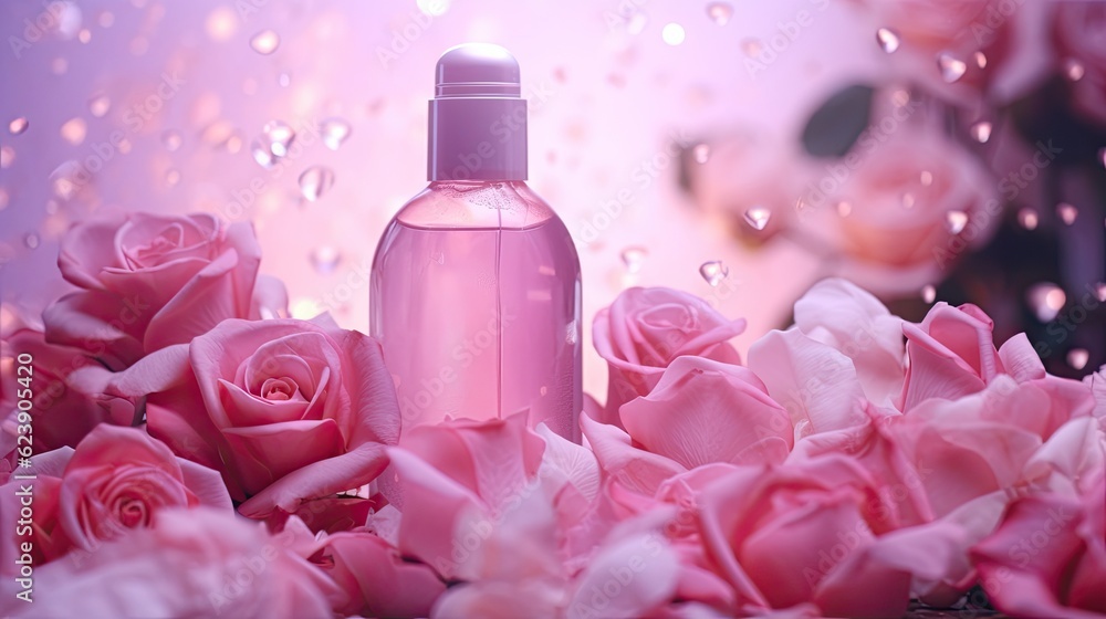 Skincare bottle mockup with roses. Illustration AI Generative Skincare bottle mockup with roses. Illustration AI Generative