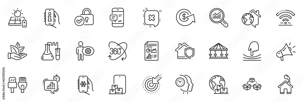 Icons pack as Parcel shipping, Home and Full rotation line icons for app include International delivery, Reject, Smartphone notification outline thin icon web set. Wifi, Data analysis. Vector