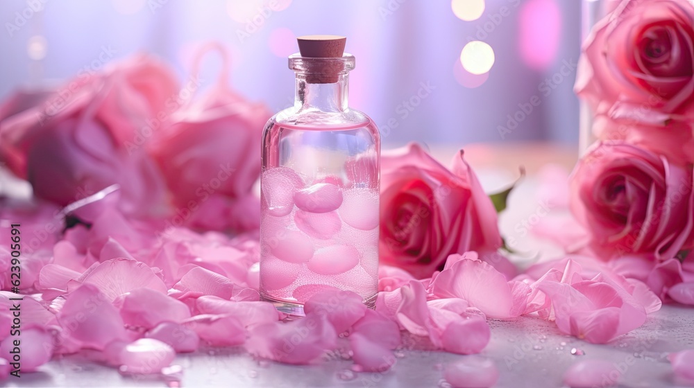 Skincare bottle mockup with roses. Illustration AI Generative Skincare bottle mockup with roses. Illustration AI Generative