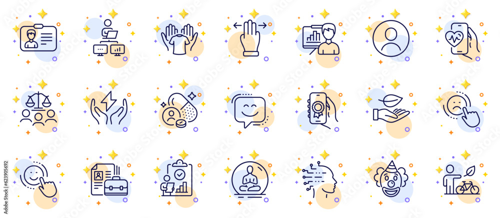 Outline set of Work home, Safe energy and Headshot line icons for web app. Include Clown, Smile, Artificial intelligence pictogram icons. Hold t-shirt, Multitasking gesture. Vector Outline set of Work home, Safe energy and Headshot line icons for web app. Include Clown, Smile, Artificial intelligence pictogram icons. Hold t-shirt, Multitasking gesture. Vector