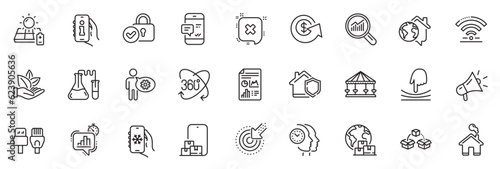 Icons pack as Parcel shipping, Home and Full rotation line icons for app include International delivery, Reject, Smartphone notification outline thin icon web set. Wifi, Data analysis. Vector