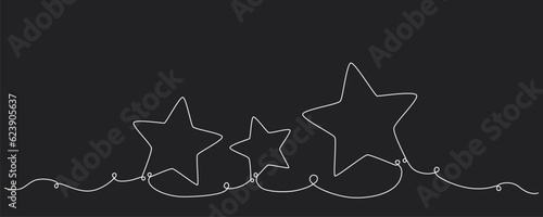 Christmas composition with stars. Hand drawing continues one single line. Vector stock illustration isolated on black background for invitation, card, presentation, frame or border. Editable stroke.