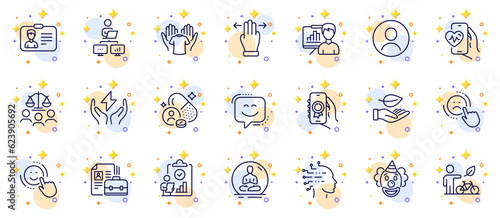 Outline set of Work home, Safe energy and Headshot line icons for web app. Include Clown, Smile, Artificial intelligence pictogram icons. Hold t-shirt, Multitasking gesture. Vector