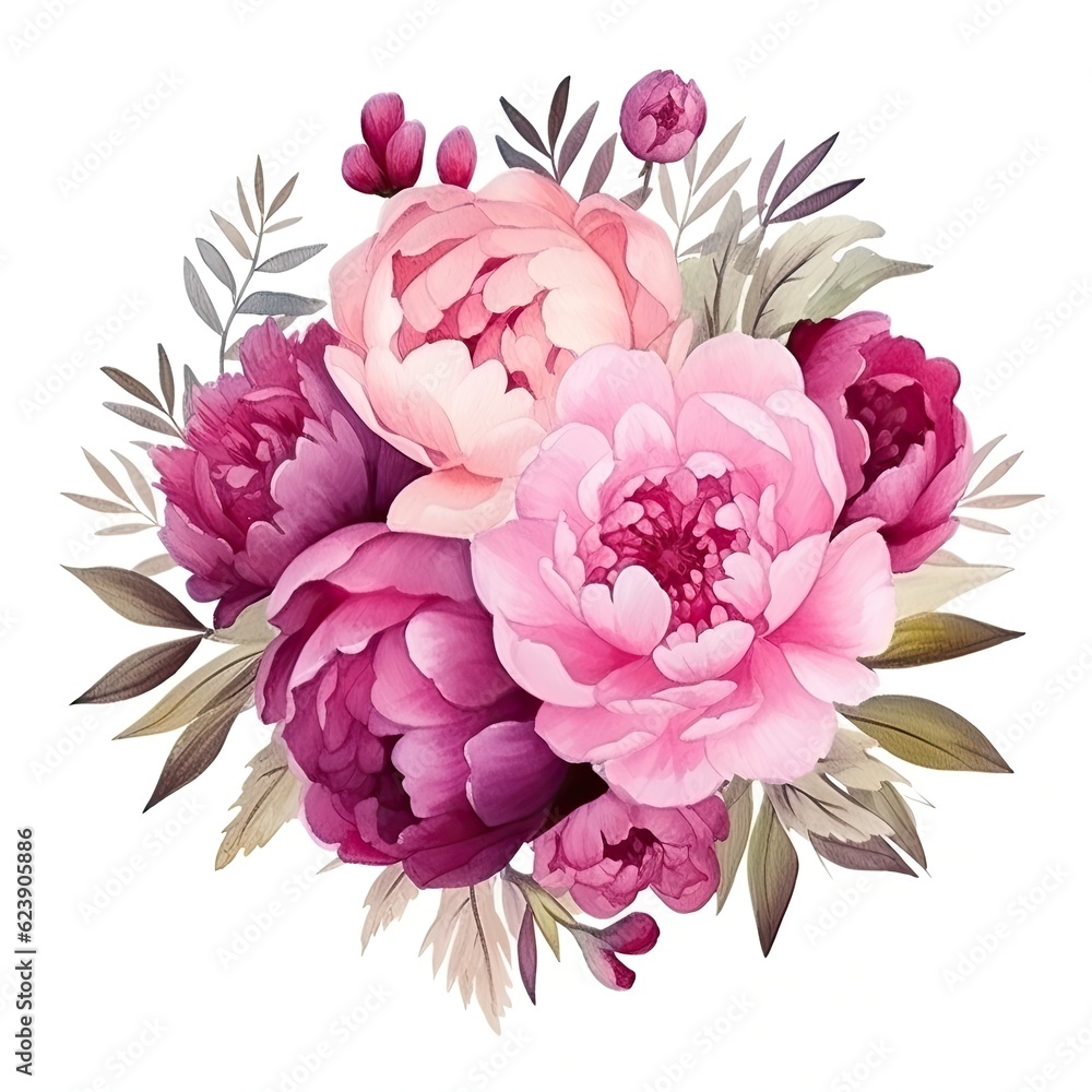 Watercolor peony flower isolated. Illustration AI Generative.