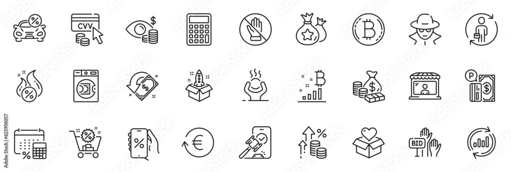 Icons pack as Annual tax, Loyalty points and Exchange currency line icons for app include Money, Bitcoin graph, Market seller outline thin icon web set. Cvv code, Bitcoin, Donation pictogram. Vector Icons pack as Annual tax, Loyalty points and Exchange currency line icons for app include Money, Bitcoin graph, Market seller outline thin icon web set. Cvv code, Bitcoin, Donation pictogram. Vector