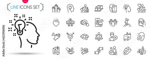 Pack of Remove account, Health skin and Hold heart line icons. Include Click hands, Travel delay, Hold t-shirt pictogram icons. Employee, Food delivery, Idea signs. Face biometrics. Vector