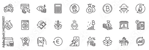 Icons pack as Annual tax, Loyalty points and Exchange currency line icons for app include Money, Bitcoin graph, Market seller outline thin icon web set. Cvv code, Bitcoin, Donation pictogram. Vector