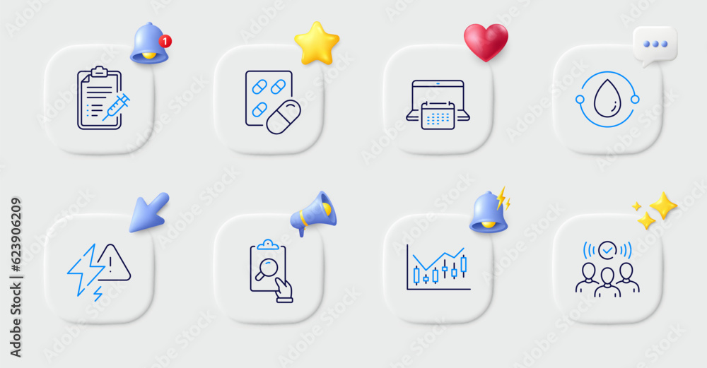 Inspect, Squad and Cold-pressed oil line icons. Buttons with 3d bell, chat speech, cursor. Pack of Capsule pill, Calendar, Lightning bolt icon. Vaccine report, Financial diagram pictogram. Vector Inspect, Squad and Cold-pressed oil line icons. Buttons with 3d bell, chat speech, cursor. Pack of Capsule pill, Calendar, Lightning bolt icon. Vaccine report, Financial diagram pictogram. Vector