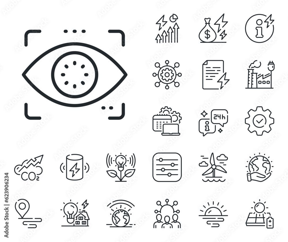 Fototapeta premium Retina scan sign. Energy, Co2 exhaust and solar panel outline icons. Eye detect line icon. Biometric data symbol. Eye detect line sign. Eco electric or wind power icon. Green planet. Vector