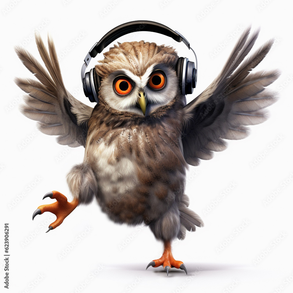 Fototapeta premium owl bird animal in headphone singing and hear music illustration with white background 
