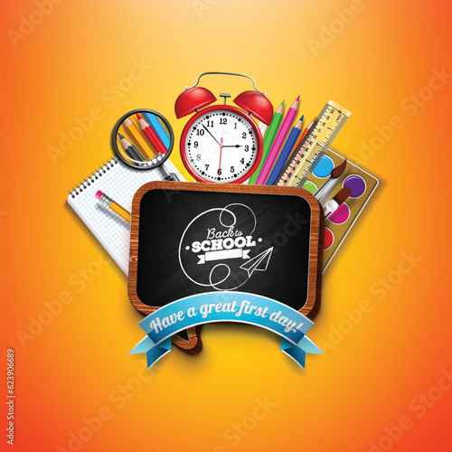 Free vector back to school with chalkboard colorful pencil, scissors, ruler and typography letter