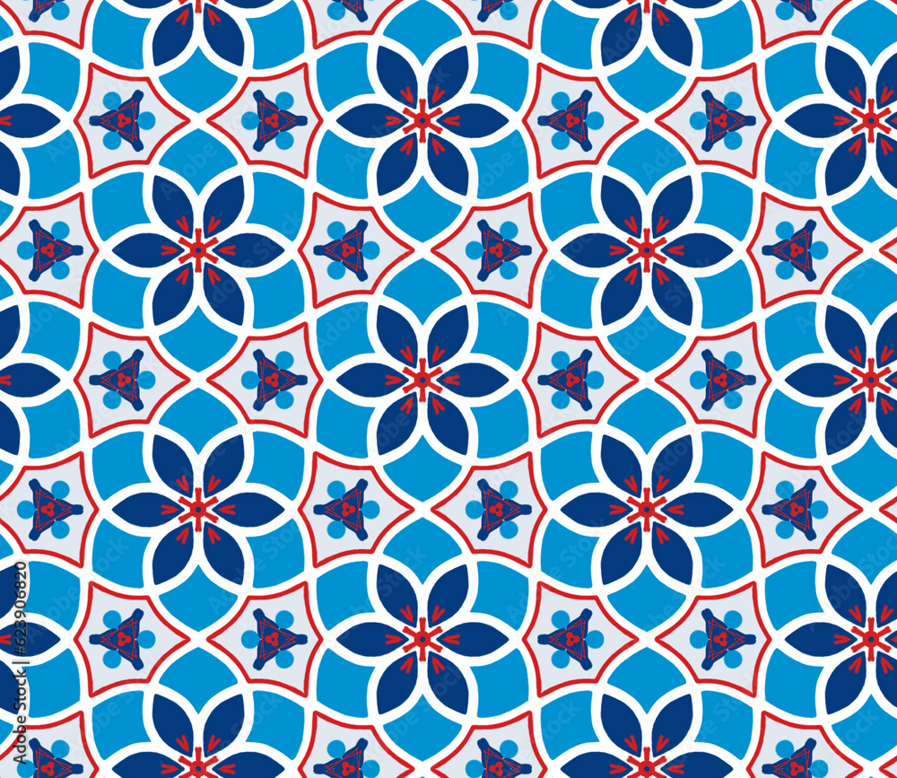 Blue and red floral Arabian Seamless pattern. Background for wrapping paper, fabrics, decor, ceramics.