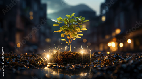 A plant growing with renewable energy in a city - climate change 2